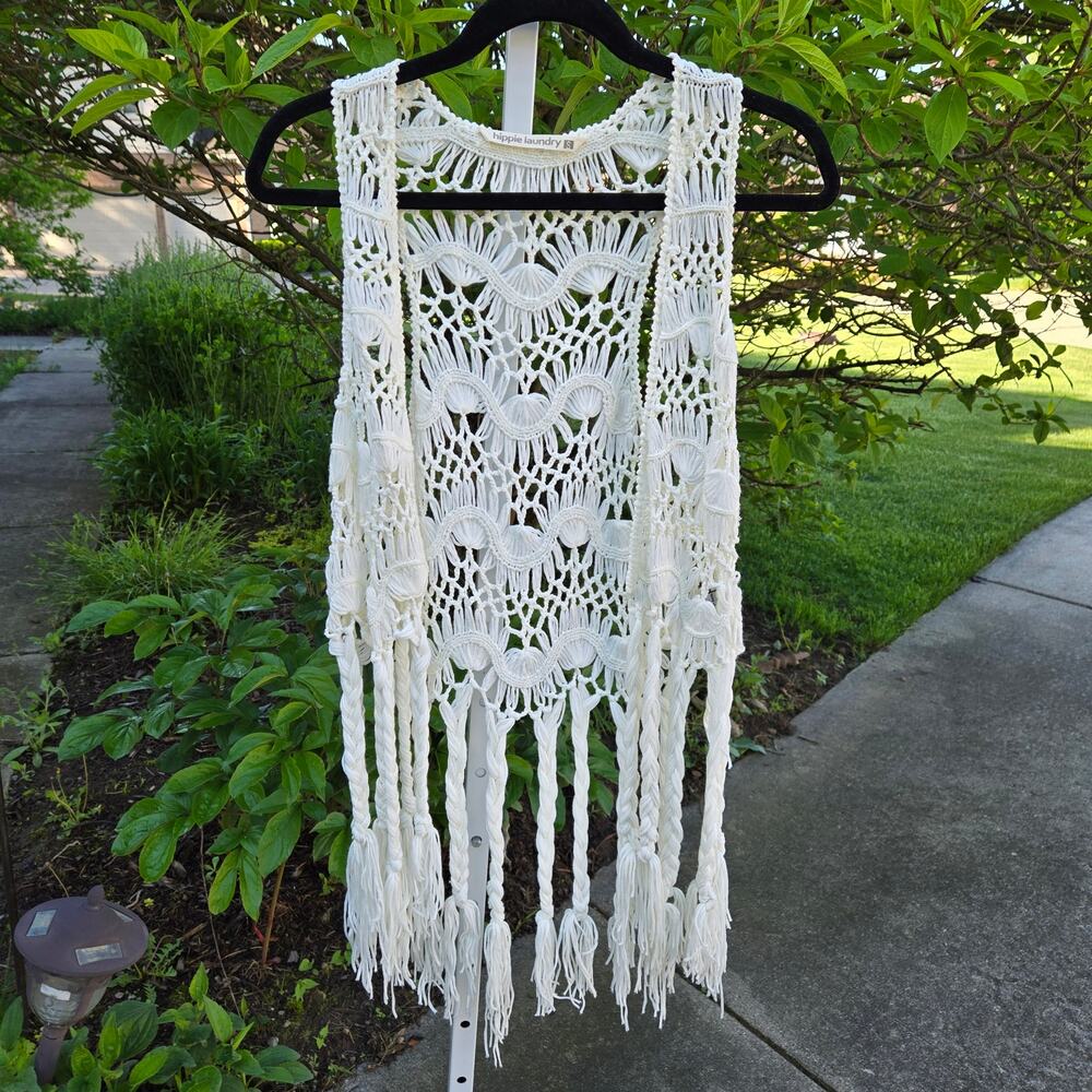 White Crochet Boho Cardigan Vest by hippie laundry Festival size Small